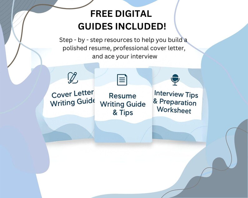 Puede incluir: Imagen de tres gu&iacute;as digitales para solicitantes de empleo. Las gu&iacute;as incluyen recursos para la redacci&oacute;n de cartas de presentaci&oacute;n, la redacci&oacute;n de curr&iacute;culums y la preparaci&oacute;n de entrevistas. El texto dice "&iexcl;GU&Iacute;AS DIGITALES GRATUITAS INCLUIDAS!" y "Recursos paso a paso para ayudarlo a crear un curr&iacute;culum pulido, una carta de presentaci&oacute;n profesional y tener &eacute;xito en su entrevista."