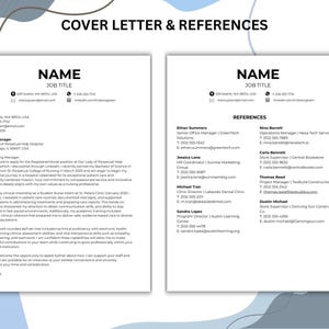 Puede incluir: Una plantilla de curr&iacute;culum vitae profesional con las palabras "COVER LETTER & REFERENCES" en la parte superior. El curr&iacute;culum incluye secciones para el nombre, el puesto de trabajo, la informaci&oacute;n de contacto y una lista de referencias. El dise&ntilde;o es limpio y moderno, con fondo blanco y texto negro.