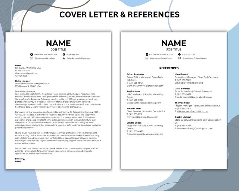 Puede incluir: Una plantilla de curr&iacute;culum vitae profesional con las palabras "COVER LETTER & REFERENCES" en la parte superior. El curr&iacute;culum incluye secciones para el nombre, el puesto de trabajo, la informaci&oacute;n de contacto y una lista de referencias. El dise&ntilde;o es limpio y moderno, con fondo blanco y texto negro.