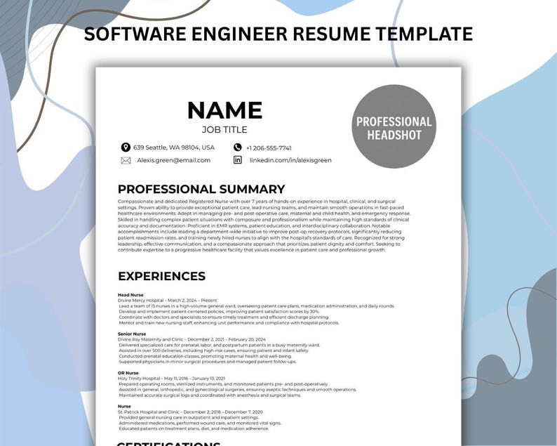 Puede incluir: Una plantilla de curr&iacute;culum vitae de ingeniero de software con un c&iacute;rculo de foto de perfil profesional. El curr&iacute;culum incluye secciones para nombre, puesto de trabajo, resumen profesional, experiencias y certificaciones. La plantilla es blanca con un dise&ntilde;o azul y gris.