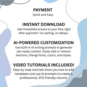 Puede incluir: Un gr&aacute;fico digital con texto sobre plantillas de curr&iacute;culum. El texto incluye "PAGO", "DESCARGA INSTANT&Aacute;NEA", "PERSONALIZACI&Oacute;N IMPULSADA POR IA" y "&iexcl;TUTORIALES EN V&Iacute;DEO INCLUIDOS!". El fondo tiene formas abstractas azules y grises.