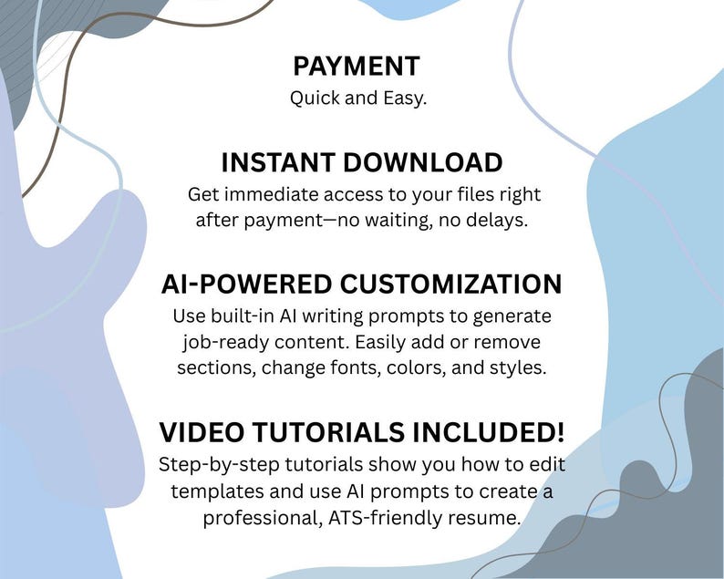 Puede incluir: Un gr&aacute;fico digital con texto sobre plantillas de curr&iacute;culum. El texto incluye "PAGO", "DESCARGA INSTANT&Aacute;NEA", "PERSONALIZACI&Oacute;N IMPULSADA POR IA" y "&iexcl;TUTORIALES EN V&Iacute;DEO INCLUIDOS!". El fondo tiene formas abstractas azules y grises.