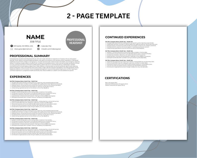 Puede incluir: Una plantilla de curr&iacute;culum vitae de dos p&aacute;ginas con un dise&ntilde;o limpio y minimalista. La primera p&aacute;gina incluye secciones para nombre, puesto de trabajo, resumen profesional y experiencias. La segunda p&aacute;gina enumera las experiencias y certificaciones continuas.