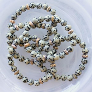 Beaded Stretch Bracelet with Dalmation Jasper Beads and Gold Rhinestone Accents