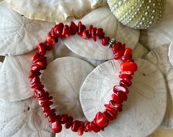Beaded Stretch Bracelet with Red Bamboo Coral Chip Beads