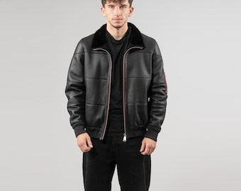 Men’s Black Sheepskin Leather Jacket with Fur Collar | EFURGR Real Shearling Winter Coat