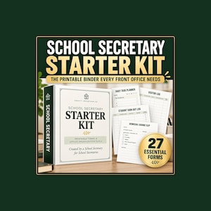 Op de afbeelding: Een School Secretary Starter Kit map met witte covers en zwarte tekst. De set bevat 27 essentiële formulieren, zoals een dagelijkse takenplanner, bezoekerslogboek, logboek voor het afmelden van leerlingen en een briefje voor ontslagwijzigingen.