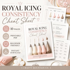 May include: A 10-page printable PDF titled Royal Icing Consistency Cheat Sheet. The document features visual guides for icing consistencies, instructions on how to adjust thickness, and a reference table for cookie decorating techniques.