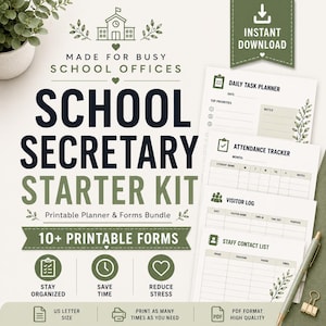 May include: A printable School Secretary Starter Kit with 10+ forms, including a daily task planner, attendance tracker, and visitor log. The design features a schoolhouse graphic and the text "Made for Busy School Offices". The kit is available in US Letter size.