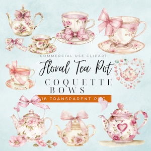 Puede incluir: Ilustración en acuarela de teteras florales, tazas de té, platillos y lazos. Los diseños presentan rosas y lazos rosas. El texto dice "Floral Tea Pot Coquette Bows".
