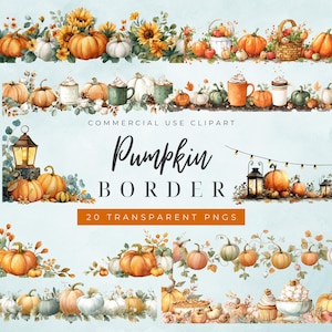 Könnte beinhalten: Aquarell-Clipart mit Kürbis-Bordüren mit Kürbissen, Sonnenblumen und Herbstlaub. Der Text "Pumpkin Border" und "20 Transparent PNGs" ist zu sehen. Der Hintergrund ist hellblau.