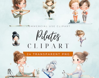 Pilates Clipart Set | Cute Fitness Girl PNGs | Watercolor Pilates and Yoga Illustrations for Wellness Planners and Journals