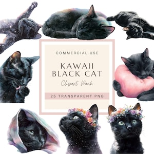 Lindos gatos negros kawaii clipart PNG / Ilustraciones de gatos chibi acogedores / Lindos gatos clip art para pegatinas, planificadores y álbumes de recortes