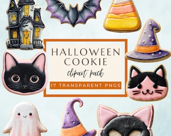 水彩画のハロウィンクッキークリップアート、不気味なPNGバンドル（デジタルダウンロード）