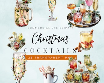 Christmas Cocktail Clipart | Festive Watercolor Drink PNGs