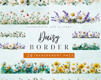 Clipart de Borda de Margarida em Aquarela | Ilustrações de Flores PNG para Cartões e Convites