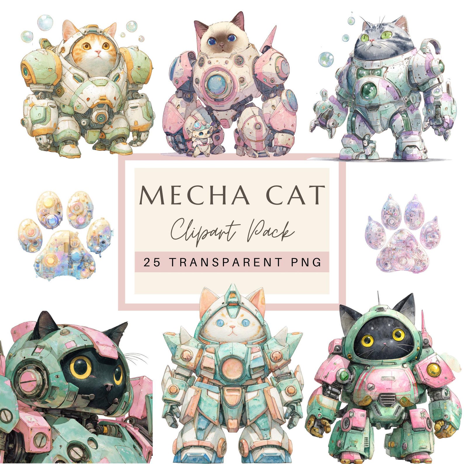 Kawaii Mecha Cat Clipart: Pastel Robot Anime Art (PNG Digital Download ...