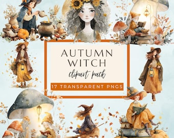 Whimsical Autumn Witch Clipart Bundle, Watercolor PNG (Digital Download)
