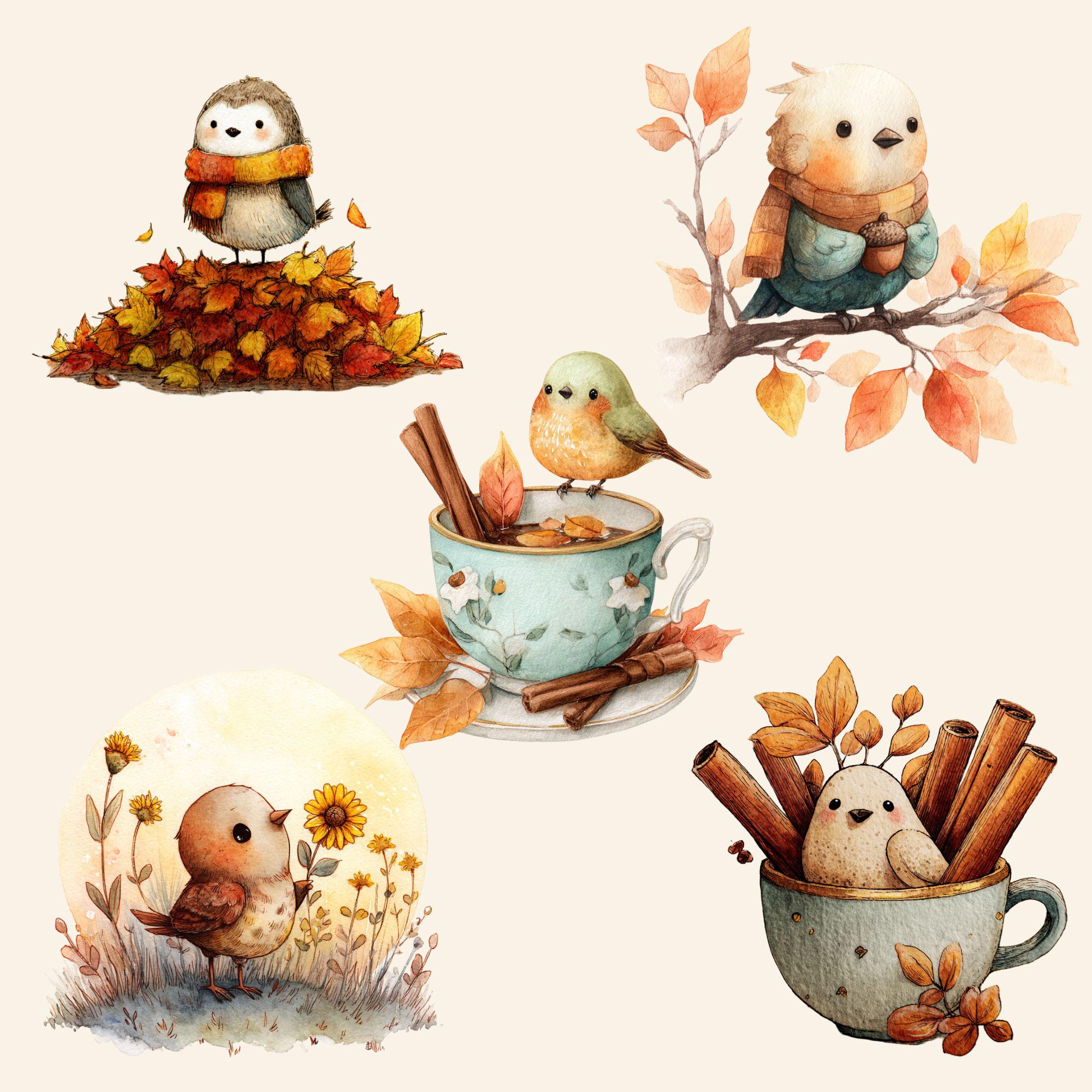 Autumn Birds Chibi Clipart, Watercolor Fall PNG Bundle (digital ...