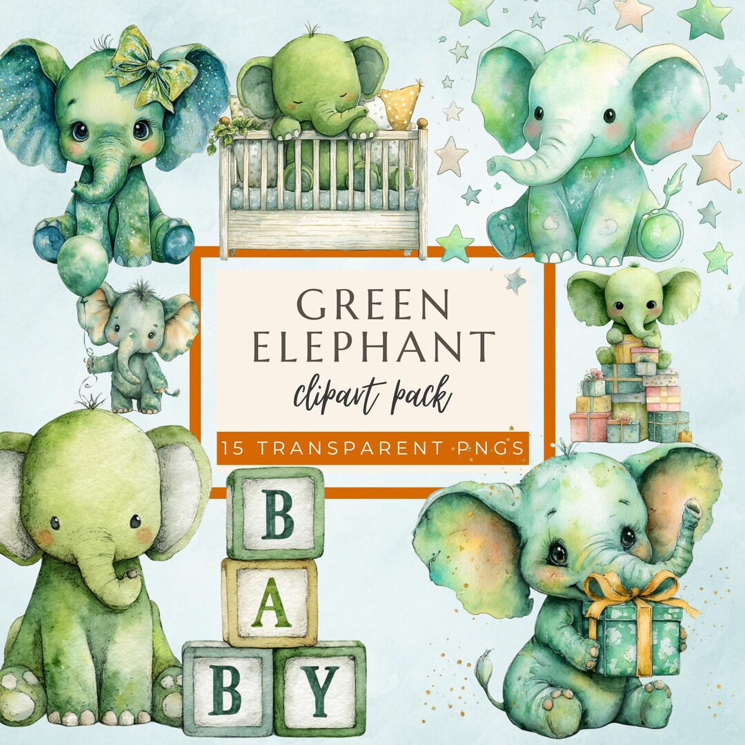 Watercolor Green Elephant Clipart: Jungle Animal PNG (instant Download ...