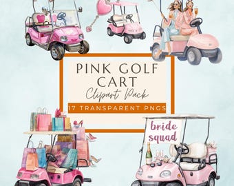 Pink Golf Cart Watercolor Clipart – Barbiecore Bachelorette Party PNG Bundle