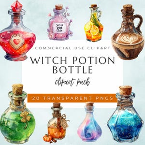 Könnte beinhalten: Aquarell-Cliparts mit verschiedenen Hexen-Trankflaschen. Die Flaschen sind mit bunten Flüssigkeiten gefüllt und mit Korken verschlossen. Einige Flaschen haben dekorative Elemente wie ein Herz, ein vierblättriges Kleeblatt und den Text "you got this".