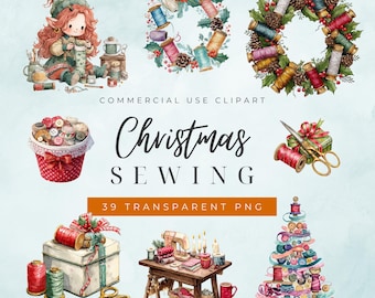 May include: Watercolor illustration featuring Christmas-themed sewing elements. Includes an elf, wreaths of thread spools, a basket of buttons, a sewing table, and a Christmas tree made of spools. Text reads "Christmas Sewing" and "39 Transparent PNG".
