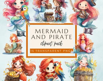 May include: Watercolor clipart pack featuring mermaids and pirates. The illustrations include mermaids with colorful hair and parrot friends, pirates with treasure chests, and pirate ships. The text in the image says "Mermaid and Pirate clipart pack" and "15 transparent PNGs."