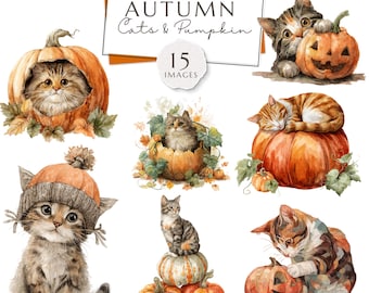 Watercolor Autumn Cats and Pumpkins Clipart Sticker Bundle (Digital Download)