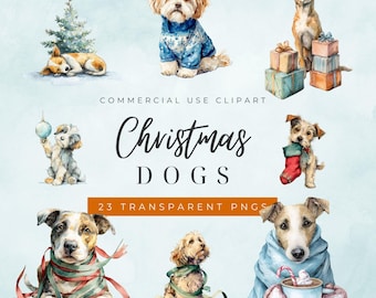 May include: Watercolor illustrations of various dogs in festive Christmas settings. The image includes dogs with gifts, wearing sweaters, and holding ornaments. Text reads "Christmas DOGS" and "23 Transparent PNGs."