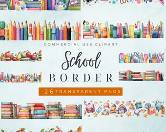 Imágenes prediseñadas de borde escolar de acuarela / Ilustraciones PNG para aulas para profesores e imprimibles