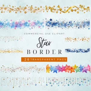 May include: A collection of watercolor star border clipart in various colors, including gold, blue, pink, and purple. The text "Star Border" and "28 Transparent PNGs" are also displayed.