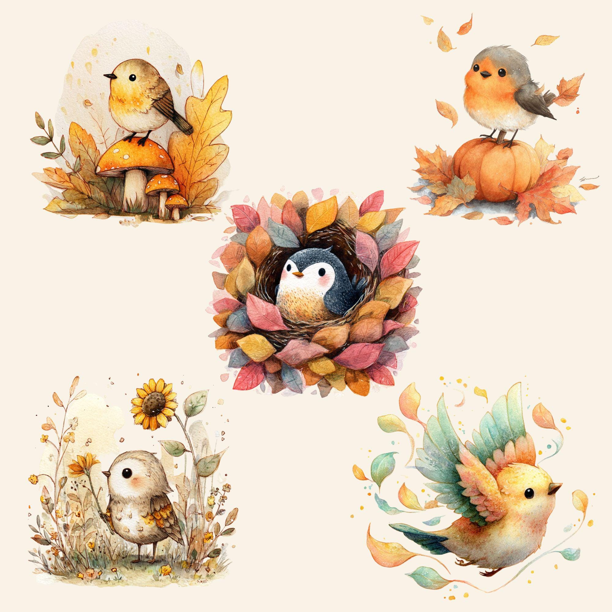 Autumn Birds Chibi Clipart, Watercolor Fall PNG Bundle (digital ...