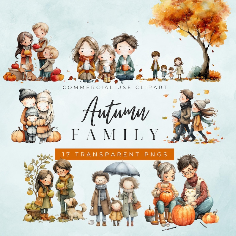 Watercolor Autumn Family Chibi Clipart, Fall PNG (digital Download) - Etsy