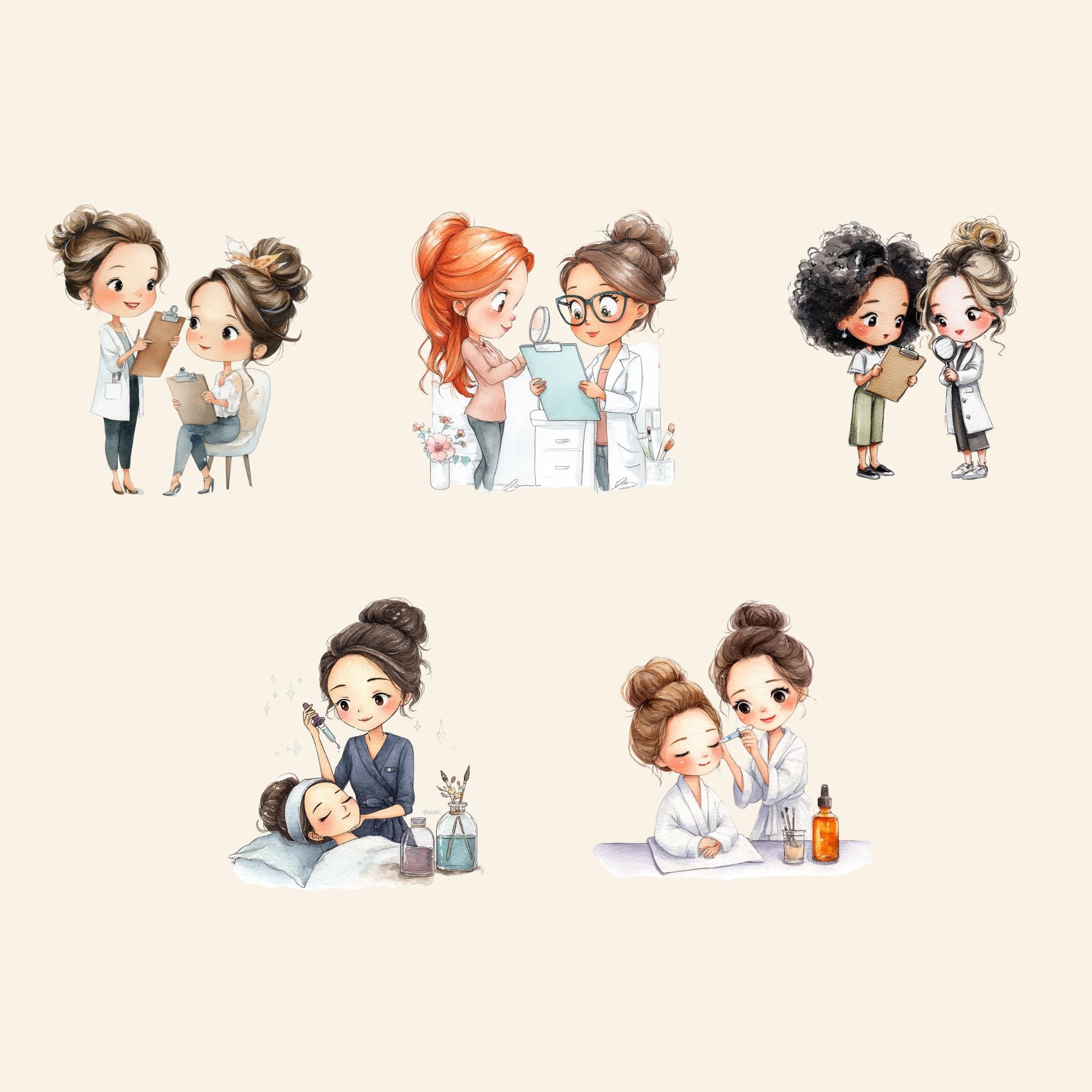 Spa Chibi Esthetician Clipart Bundle | Watercolor Spa and Skincare Pngs | Chibi ...