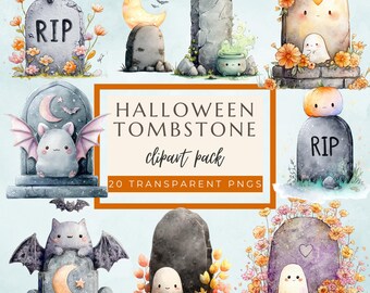 Watercolor Halloween Tombstone Clipart Bundle, Spooky PNG (Digital Download)