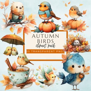 Autumn Birds Chibi Clipart, Watercolor Fall PNG Bundle (digital ...