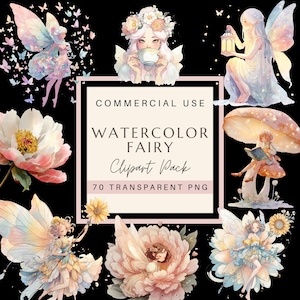 Watercolor Fairy Clipart Bundle – 70 Pastel PNGs, Fantasy Fairies, Botanical, Celestial, Magical Elements, Digital Download