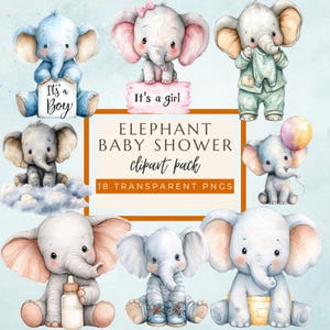 Watercolor Chibi Elephant Clipart: Blue Baby Shower PNG (Instant Download)