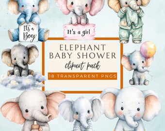 Watercolor Chibi Elephant Clipart: Blue Baby Shower PNG (Instant Download)