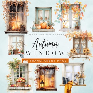 Puede incluir: Ilustración en acuarela de varias ventanas decoradas para el otoño. La imagen presenta calabazas, girasoles y follaje otoñal. El texto dice "Autumn Window" y "Commercial Use Clipart".