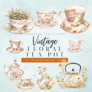 May include: Watercolor illustration of vintage floral teacups, saucers, and teapots. The teacups and teapots are decorated with floral patterns in pink, yellow, and blue. The text "Vintage Floral Tea Pot" is displayed in the center.