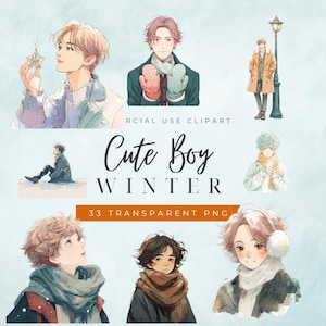 Whimsical Boy Winter Clipart | Soft Anime PNG Set