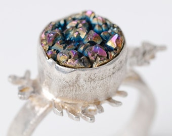 Botanical Rainbow Druzy Quartz Fern Ring