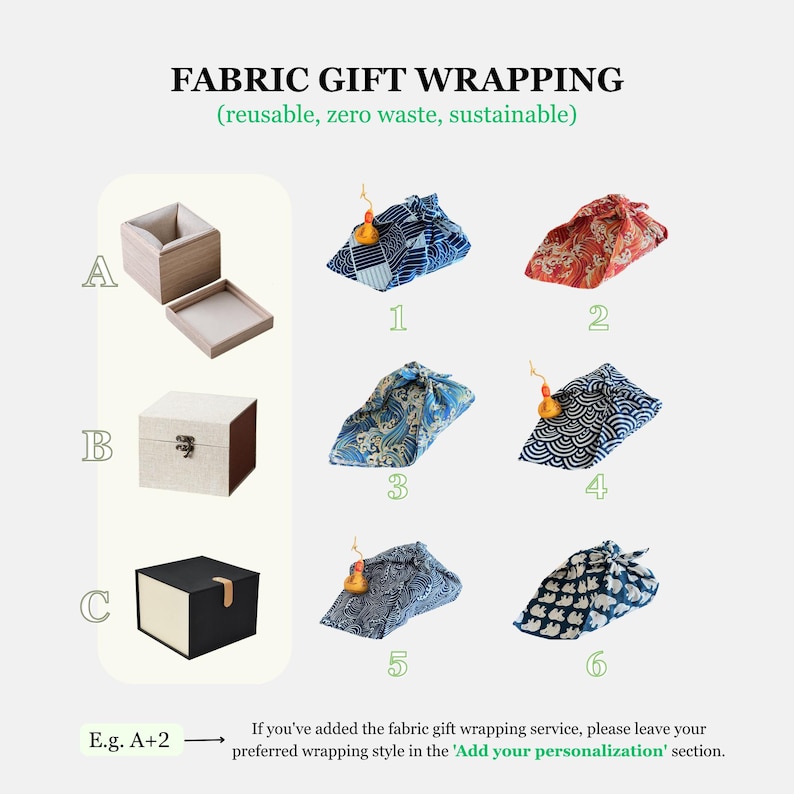May include: Image showcasing fabric gift wrapping options. Includes various patterned fabric wraps and three different box styles. Text reads "FABRIC GIFT WRAPPING (reusable, zero waste, sustainable)". Instructions are provided for personalization.