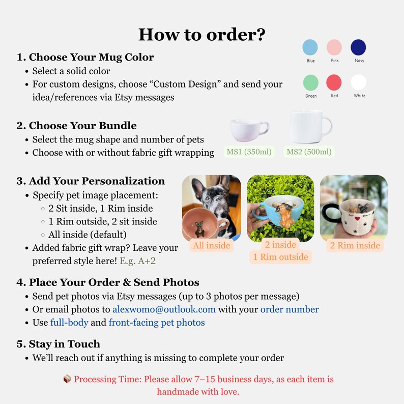 May include: An instructional graphic titled "How to order?" details the steps for ordering a custom pet mug. The steps include choosing a mug color, bundle, and personalization options. Examples of mugs with pet images are shown.