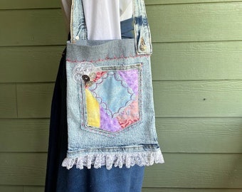 Denim Crossbody Bag Pastel and Lace Patchwork Boho Chic Upcycled