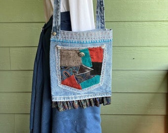 Denim Crossbody Bag Homespun Boho Chic Upcycled