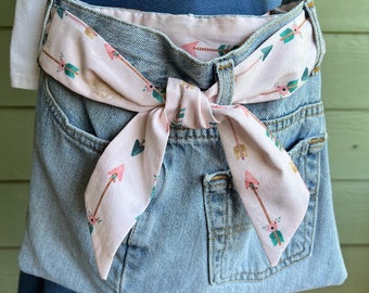 Denim Crossbody Bag Pink Arrow Print Tie Boho Chic Upcycled