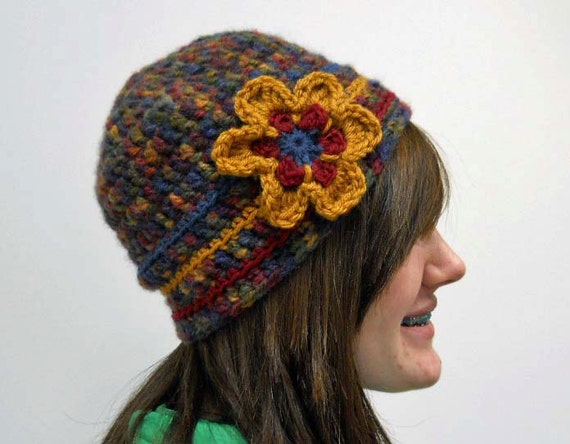 Multi-colored Crocheted Hat With Flower Accent - Etsy display picture 2